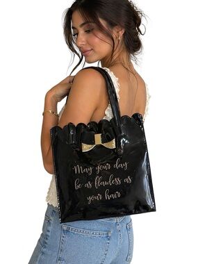 Black Patent Bow Tote Bag Scalloped Edge Cute Quote “Flawless Hair"
Handbag